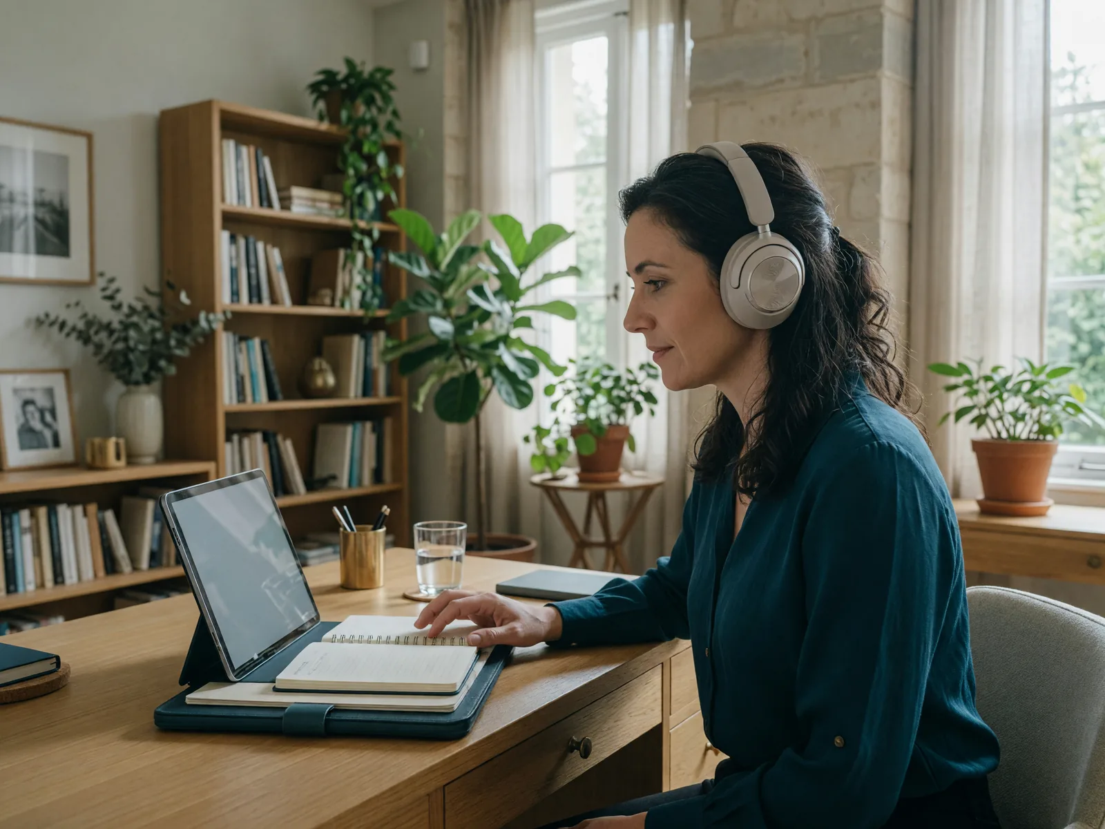 A support team member answering a customer from a quiet office