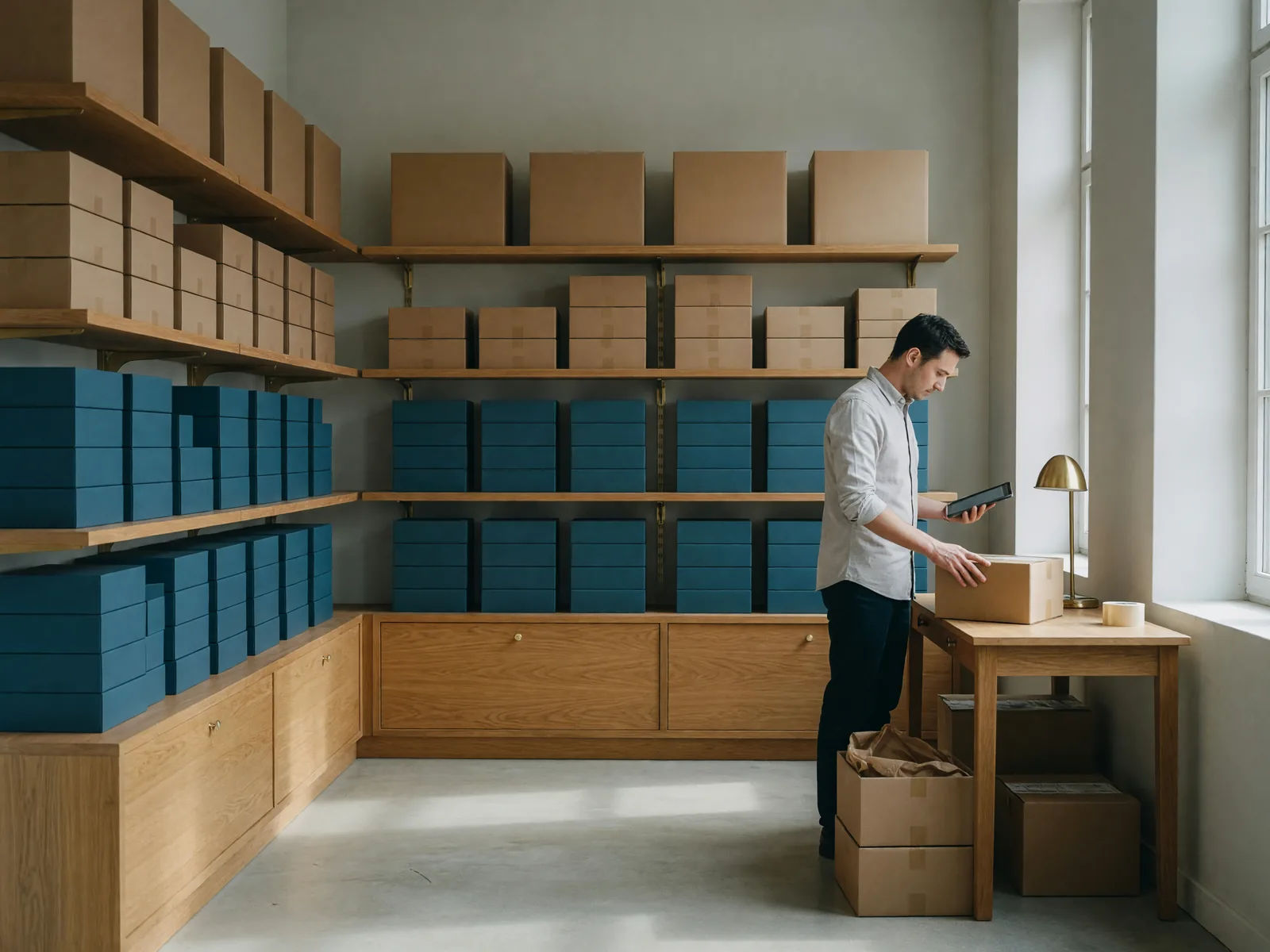 A team member checking an order before shipping in an organized stockroom
