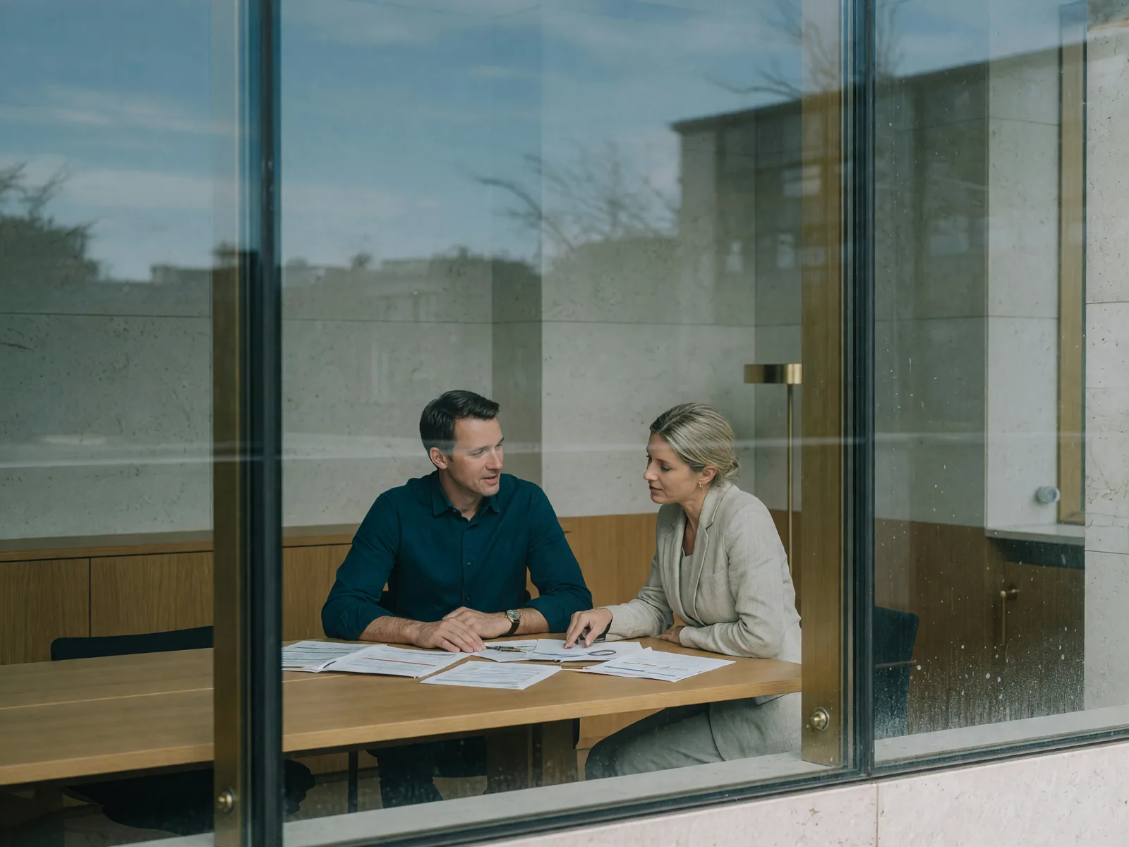 Two colleagues in a glass-walled meeting room