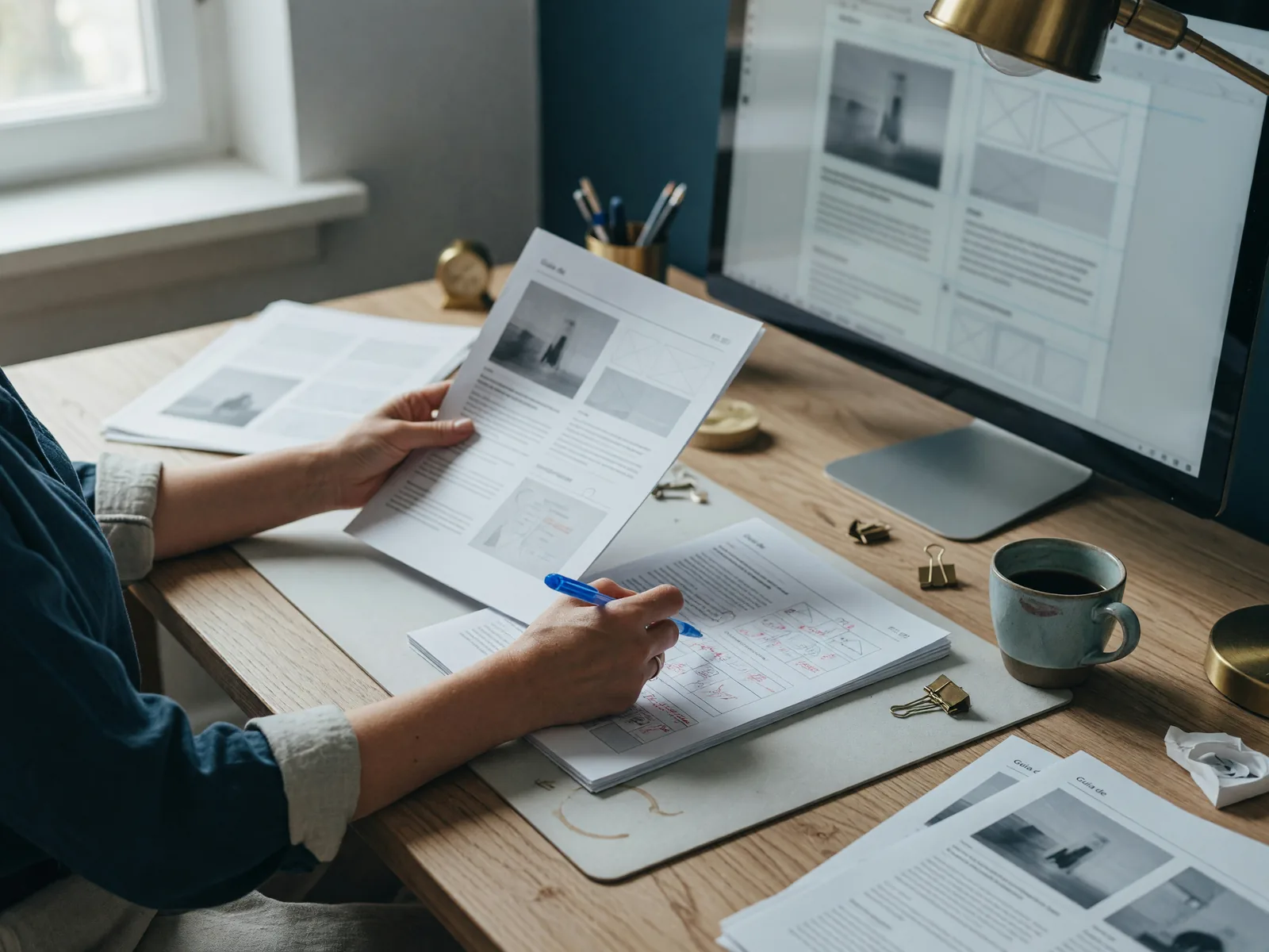 An editor reviewing printed proofs of a digital guide next to a monitor